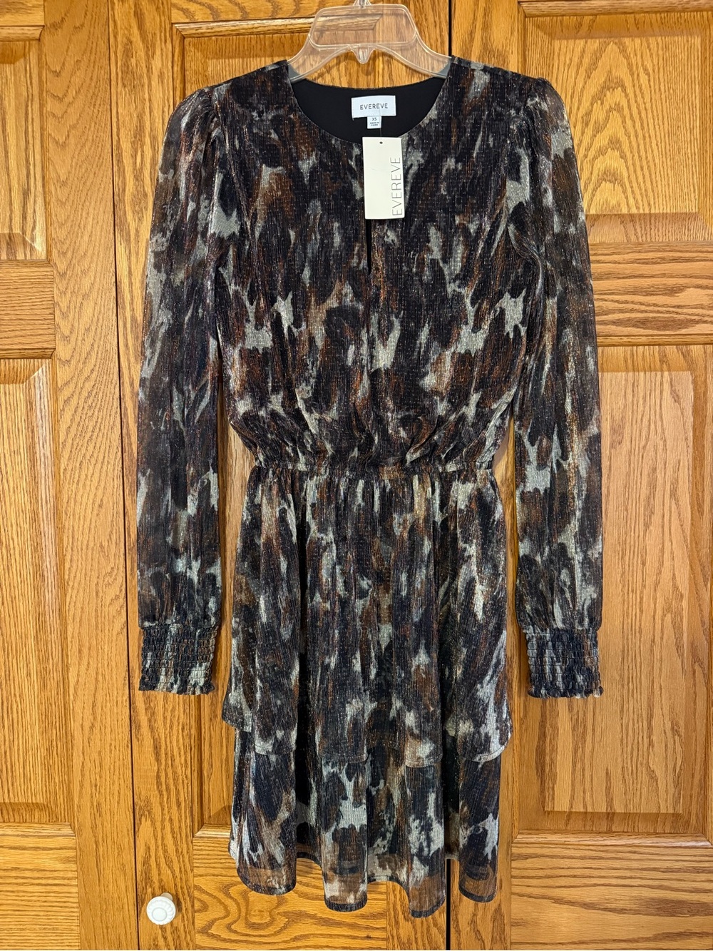 *NWT* Evereve Brown and Black Printed Long Sleeve Cinched Waist Dress